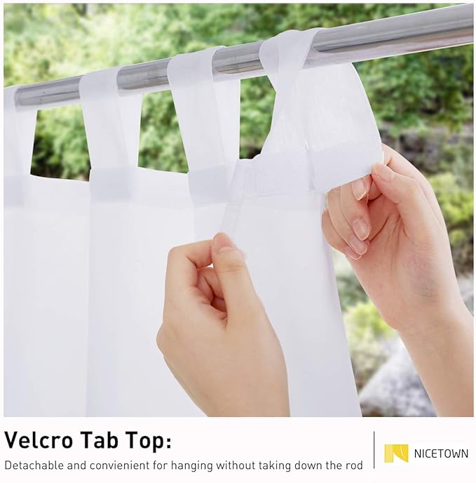 NICETOWN 2 Panels 120" Extra Long White Sheer Outdoor Curtains for Patio Waterproof, Self Sticky Tab Top Voile Sheer Drapes Airy & Breathable, Cabana/Arbor, W54 x L120, White