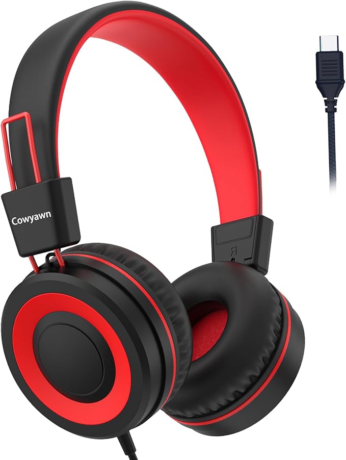 USB Type C Kids Headphones for School, Wired Toddler Headphones, 94dB Volume Limited, HD Stereo Sound, Foldable Lightweight On-Ear Wired Headphones for Kids/Children/Teens/Boys (Red Black)