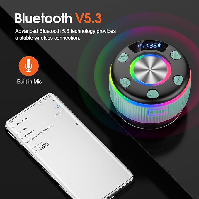 Bluetooth Shower Speaker, Portable Bluetooth 5.3 Speakers Wireless with Time Display, IP7 Waterproof Speakers with RGB Light, Suction Cup, Mini Stereo Speaker for Bathroom Party Beach Outdoor, Green