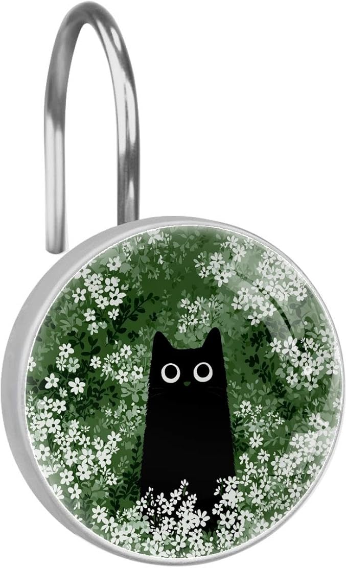 12 Packs Black Cat Floral Shower Curtain Hooks, Stainless Steel Glass Shower Curtain Rings for Bathroom, Rustproof Metal Curtain Rod Hooks