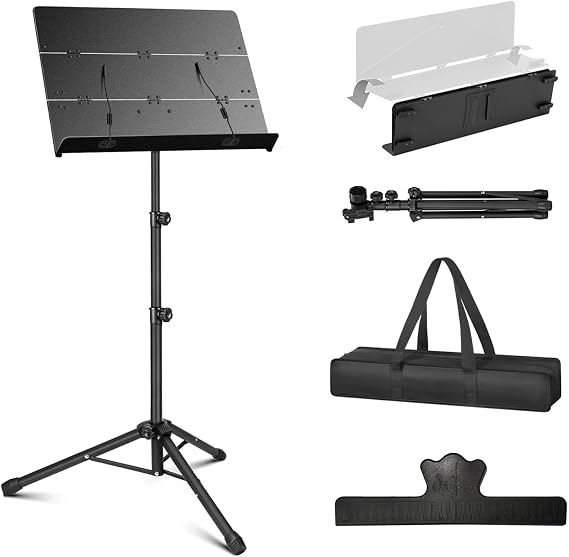 Portable Sheet Music Stand - 2 in 1 Dual-Use Folding Music Stand & Desktop Book Stand with Carrying Bag, Tri-fold Panel Metal Holder Adjustable Height with Music Sheet Clip Holder