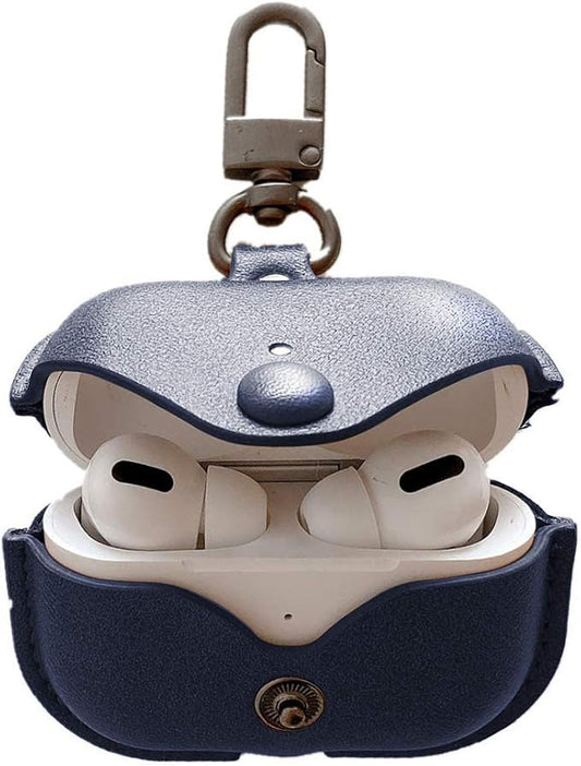 Genuine Leather Case Compatible with AirPods Pro Case 2nd/1st Gen (2023/2022/2019), VOMA Protective Cover for Apple AirPods Pro 2/Pro Wireless Charging Case with Keychain and Snap Lock Navy