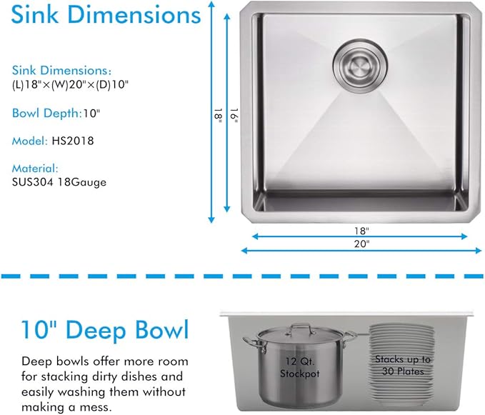 VADANIA 20-inch Kitchen Bar Sink, 20"x18"x10", Single Bowl, Undermount, 18 Gauge T304 Stainless Steel, Satin Finish, with Strainer & Bottom Grid, cUPC listed