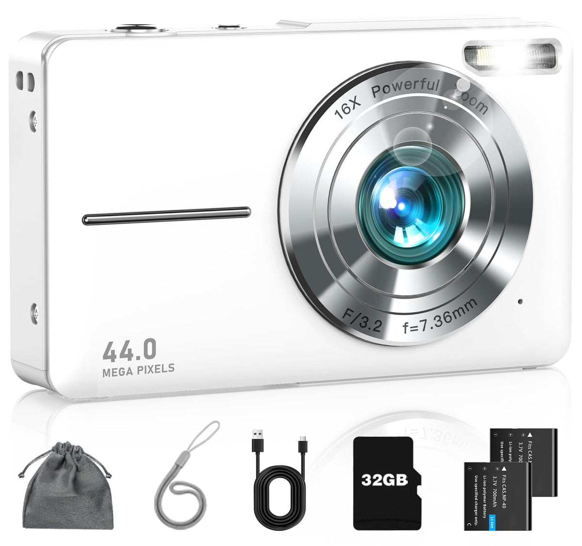 Digital Camera FHD 1080P Point and Shoot Camera with 32GB Card, Pearl White