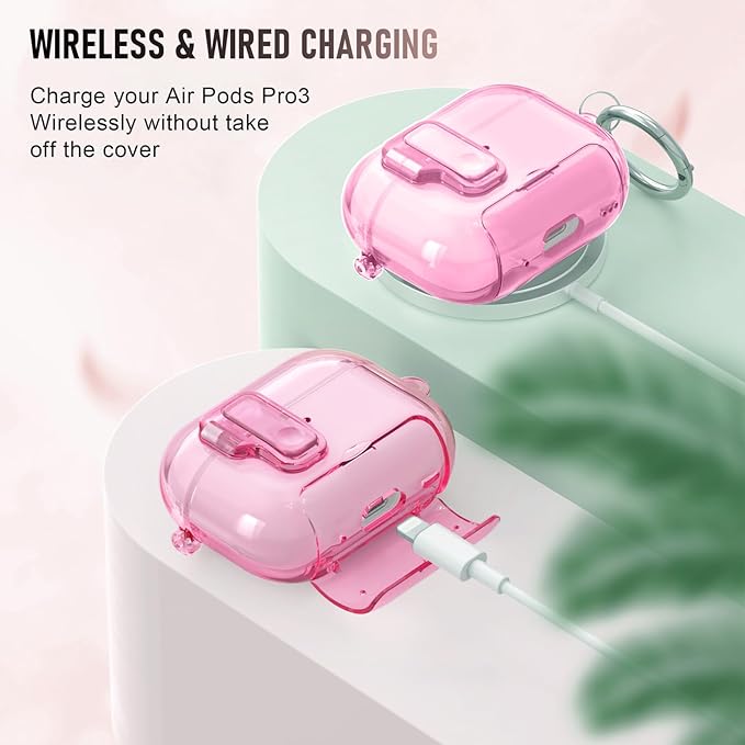 for AirPods Pro 3 Case (2025) with Cleaner Kit, Cute with Lock Clid and Cleaner Kit,[Auto Pop-Up] Soft TPU Clear Cover with Bracket & Dustproof Design for AirPods Pro Case with Keyring(2025)