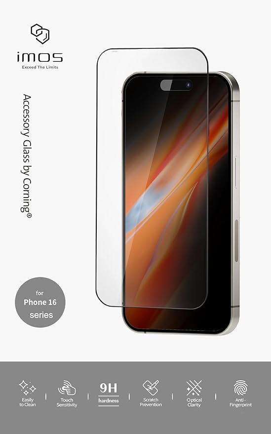 imos Screen Protector for iPhone 16, 2.5D Highly Transparent Extremely Fine Black Edge Tempered Glass (AGbc), Scratch & Drop Resistant, Easy Installation