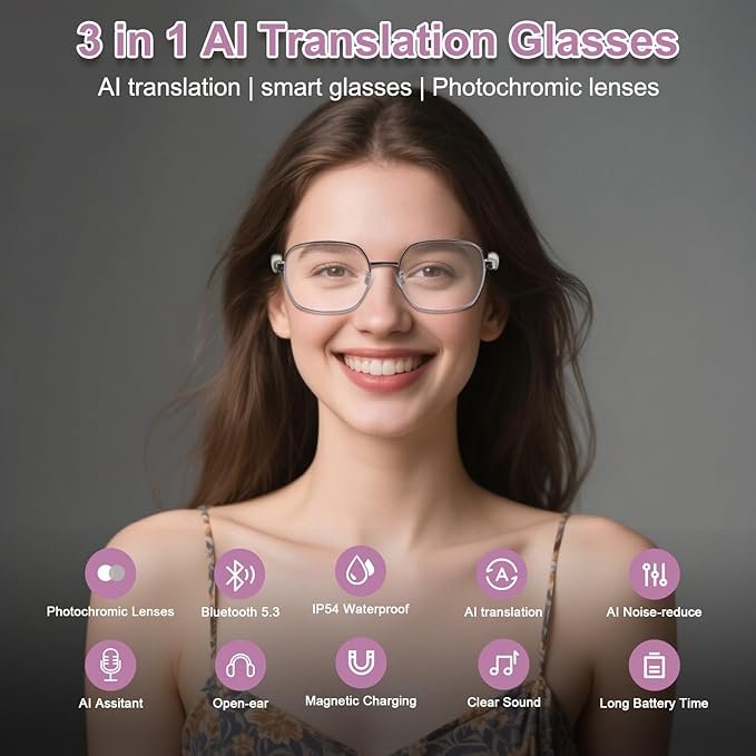 AI Translation Smart Glasses for Women, Powered by GPT, Recording/Real-Time Translation with 160+ Language, Photochromic Lenses, Multifunctional Bluetooth Glasses for Travel Meeting Business