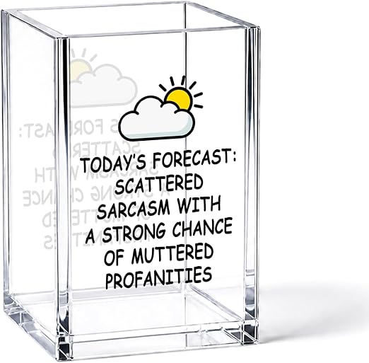 YAZMEEN Sarcastic Office Gift Acrylic Pen Holder - Today's Forecast Desk Organizer - Office & Home Desk Accessories - Work Humor Gift for Women, Men, Coworkers, Friends
