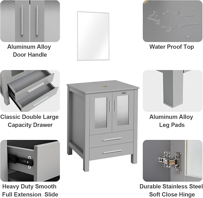 eclife 48" Modern Bathroom Vanity Sink Combo Freestanding Cabinet with Small Side Cabinet, White Boat Ceramic Vessel Sink, Water Save Faucet, Drain (Gray+T44)