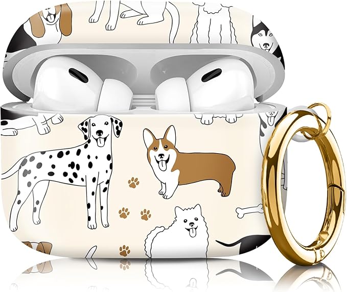 Compatible with Airpod pro 2nd/1st Generation Case Cover with Gold Round Keychain Cute Pattern Hard & Anti Slip Cover for Men Women & Girls（Various Dogs）