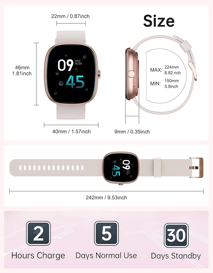 HUAKUA Smart Watches for Women Men Compatible with iPhone/Android Phones Answer/Make Calls, 1,85" HD Fitness Tracker with Heart Rate/Sleep Monitor Pedometer for Walking Running, Waterproof, Starlight