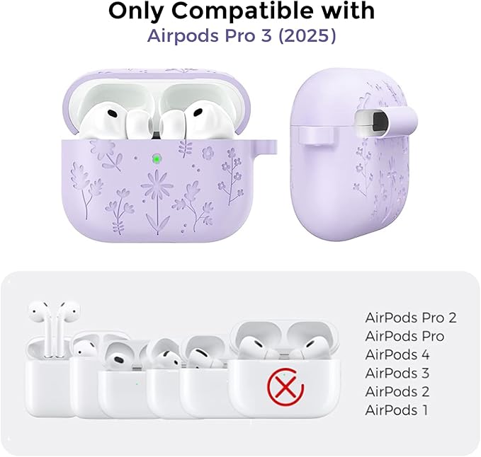 AhaStyle AirPods Pro 3 Case Cover (2025) Flower Engraved Cute Silicone AirPods Pro 3rd Generation Case Full Body Shockproof Cover Skin for Apple AirPods Pro 3rd Gen with Cleaning Kit for Women Girls