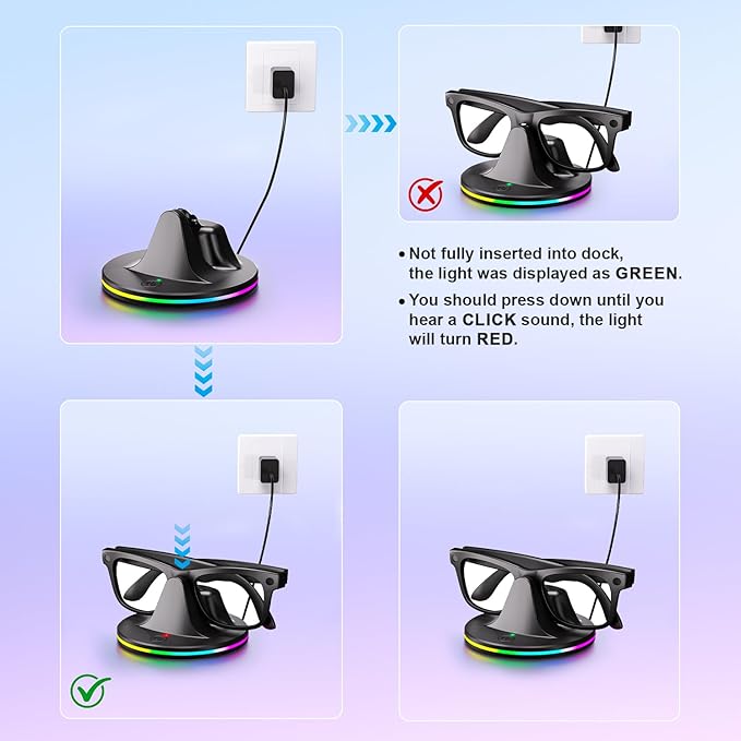Charging Dock for Meta Glasses Ray-Ban: Wayfarer, Skyler, Headliner & Oakley HSTN Smart Glasses Charger with LED Power Status Light, Black