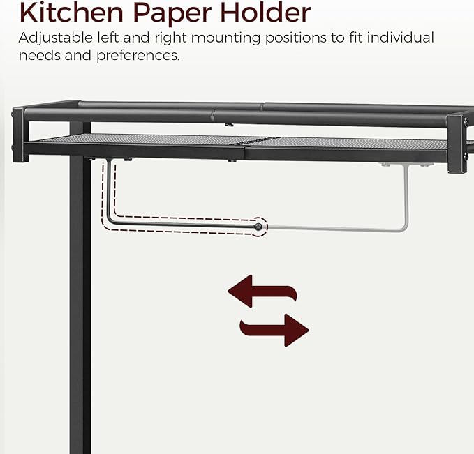 Bakers Rack with Power Outlet, Microwave Stand with Paper Holder, Bakers Rack with Storage, Coffee Bar Station with 6 Hooks, for Kitchen, Dining Room, Black BRBK36E01
