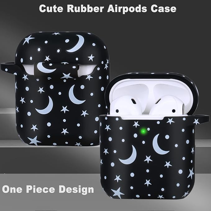 Moon Star Silicone Case Compatible with Airpods Case, Gawnock Soft Earpod Case Cover Flexible Compatible with Airpods 2nd/1st Generation Floral Print Cover for Women Girls with Keychain - Moon/Star