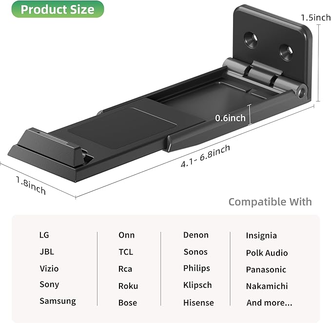 ELETIUO Soundbar Wall Mount Bracket for Samsung, LG, Sony, JBL, Vizio, Sonos and More, Depth Adjustable 3.5”-6.1”, Soundbar Shelf Under TV, Black