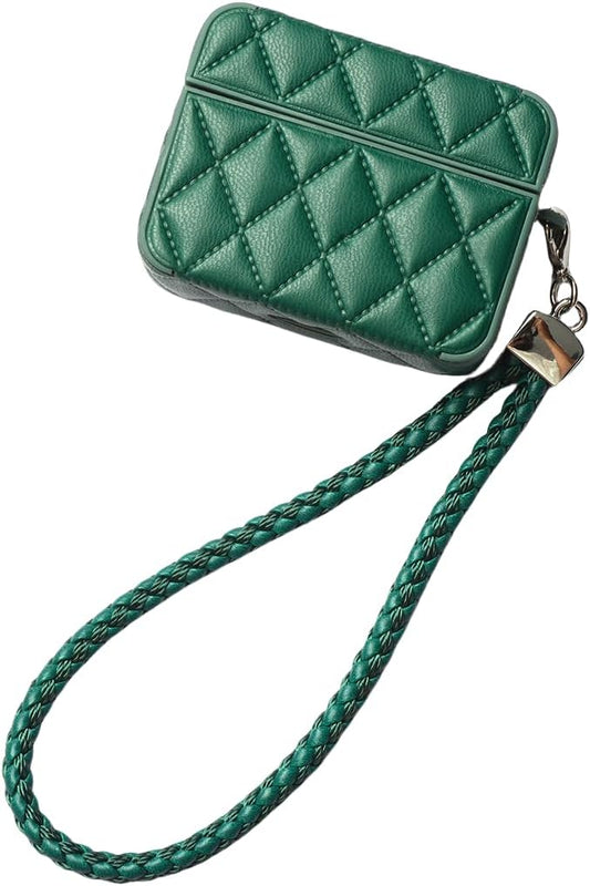Earphone Case for AirPods Pro 3, Elegant Luxury Classical Diamond PU Leather Surface Earphone Case Soft Silicone Bag, AirPods Pro 3 Cover Protective Skin Protector for Earbuds +Lanyard-Green