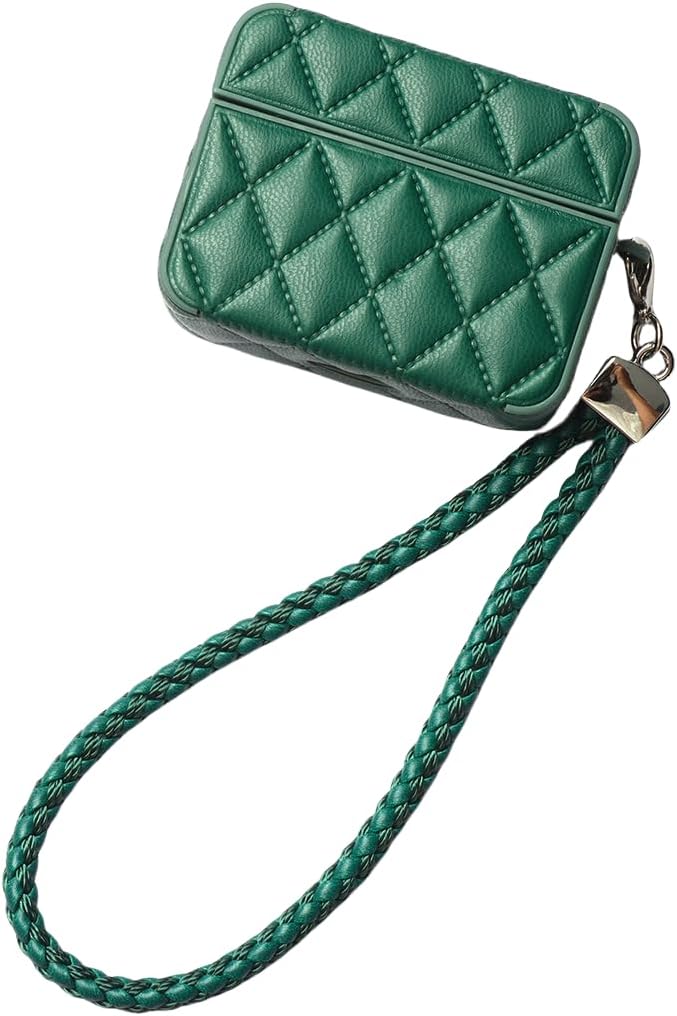 Earphone Case for AirPods 4, Elegant Classical Diamond PU Leather Surface Earphone Case Soft Silicone Case, AirPods 4 Cover Protective Case Skin Protector for Earbuds +Lanyard-Green