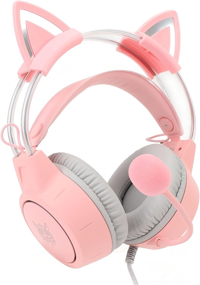 Eujgoov Cat Ear Gaming Headset Rainbow RGB Lighting, Detachable Cat Ears, Surround Sound 7.1 Mic, USB and 3.5MM Multi Platform Compatibility with Breathing LED for PC Laptop Game Console