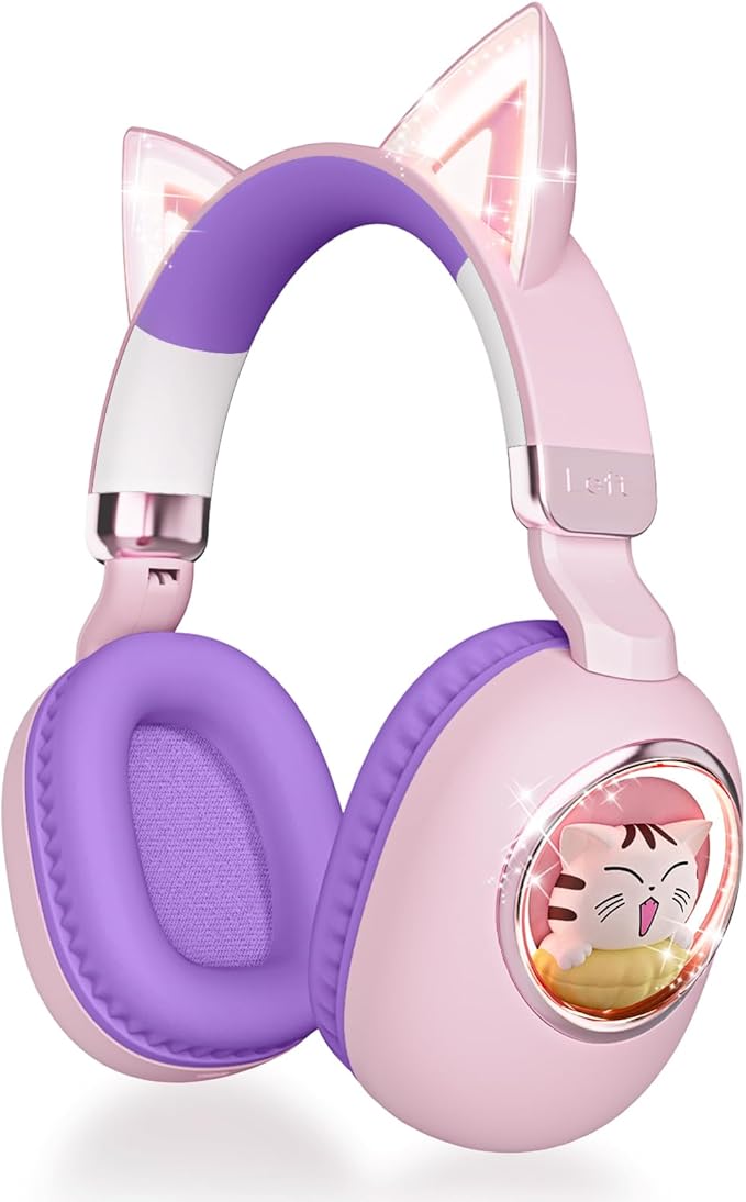 esonstyle Kids Headphones Cat Ear - Bluetooth 5.4 Over-Ear Noise Cancelling Headphones with Microphone LED Lights Up 85dB Safe Volume Limit Wireless or 3.5mm Wired USB C (Pink Purple)