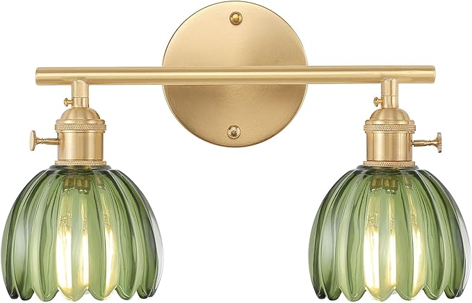 Bathroom Light Fixtures, 2-Light Brass Vanity Wall Light Over Mirror with Green Tulip Glass Shade for Bedroom Living Room (Bulb Not Included)