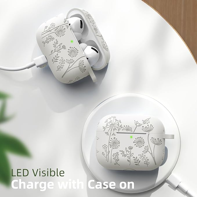 Lerobo Flower Engraved Cover for Airpods Pro Case 2nd Generation Cute, Full Protective Case Compatible with Apple AirPod Pro/Pro 2 Case USB C Soft Silicone Skin, Front LED Visible, Starlight