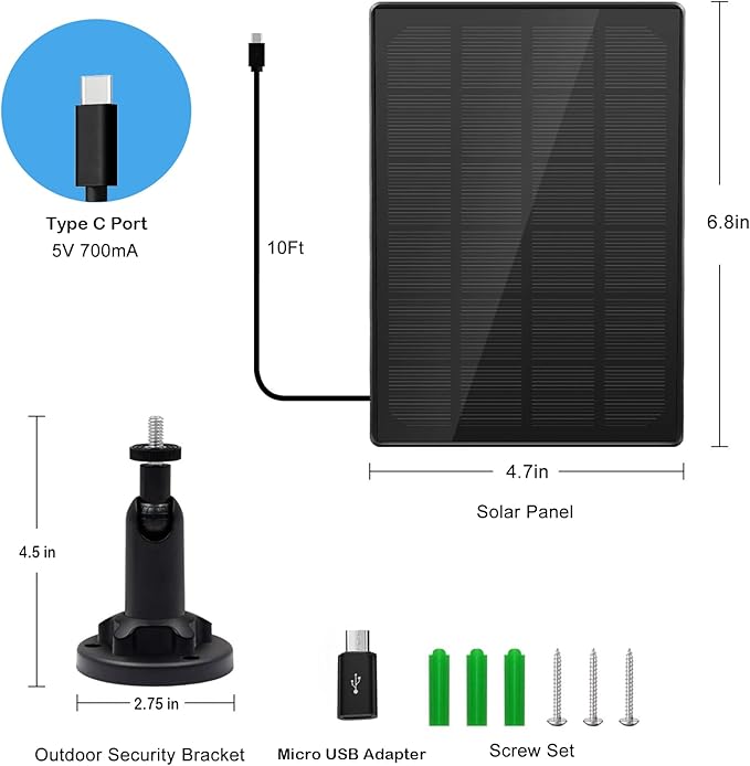 Solar Panel for Outdoor Camera, IP66 Waterproof Solar Charger, Continuous Solar Power Supply for Security Cameras, with 10ft Cable Type-C Port & Micro USB Adapter Solar Panel, 360° Adjustable Bracket