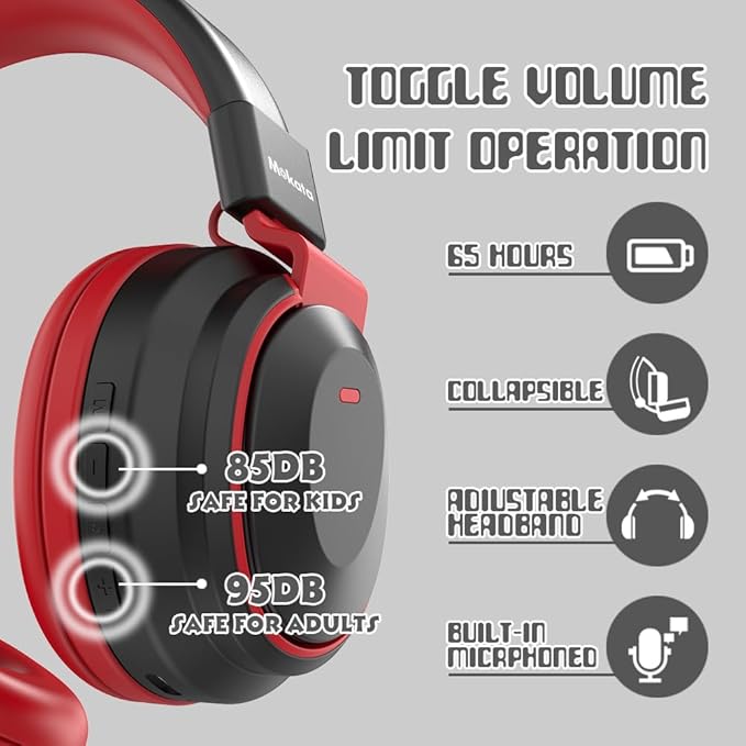 Kids Headphones Bluetooth 5.3 Wireless 60H Play Time Volume Limited 85/110dB Over Ear Foldable Headset with Cable Aux Mic for iPad Notebook Boy Girl Travel School Tablet Black