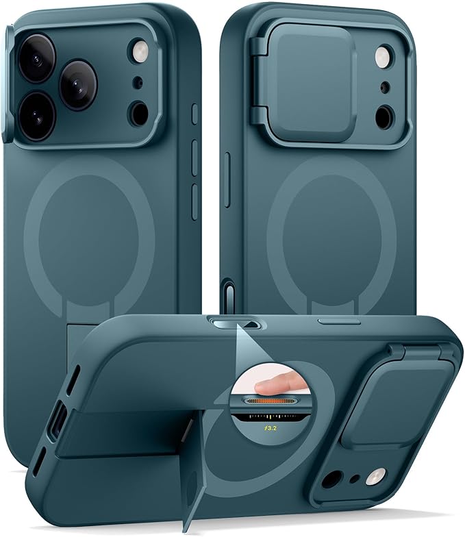 SURITCH for iPhone 17 Pro Max Case with Camera Control Cover, Camera Cover and Adjustable Kickstand, Compatible with MagSafe, Shockproof Bumper Protective Cases 6.9 Inch, Lake Green