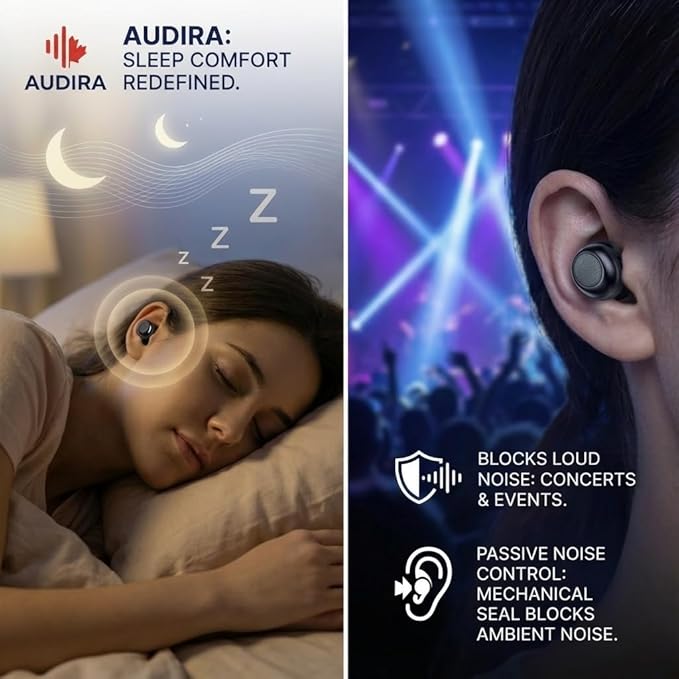 AUDIRA Mini Wireless Sleep Earbuds for Side Sleepers, Bluetooth 5.4 in-Ear Ear Buds with Noise Cancelling, IPX4 Waterproof Headphones, Touch Control, Digital Display Charging Case – Black