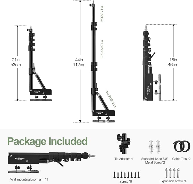 Wellmaking Wall Mount Triangle Boom Arm 39.37inch/100cm, Ring Light Mount Support 180°Flexible Rotation Comes with Tilt Swivel Mount for Studio Video Light, Monolight, Photography, Softbox, Reflector