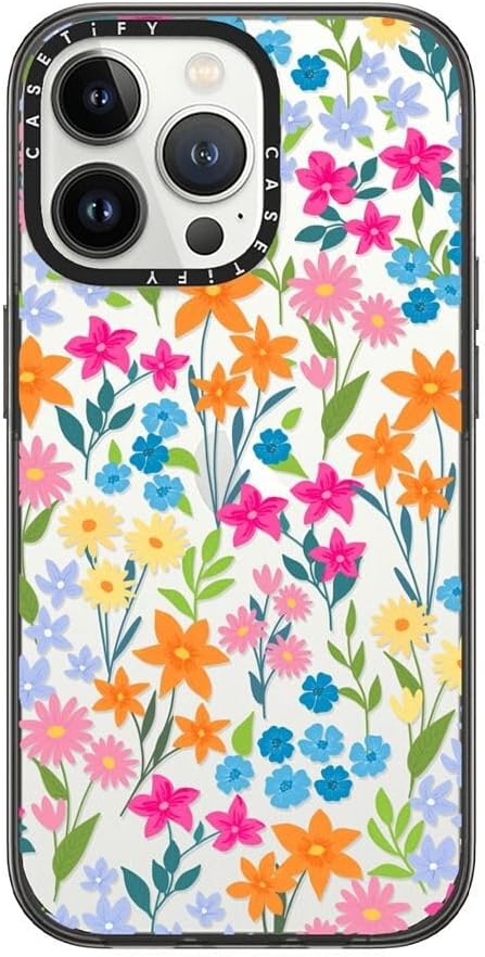 CASETiFY Compact iPhone 13 Pro Case [4 ft. 2X Military Grade Drop Protection/Slim/Lightweight] - Bright Spring Flowers - Clear Black