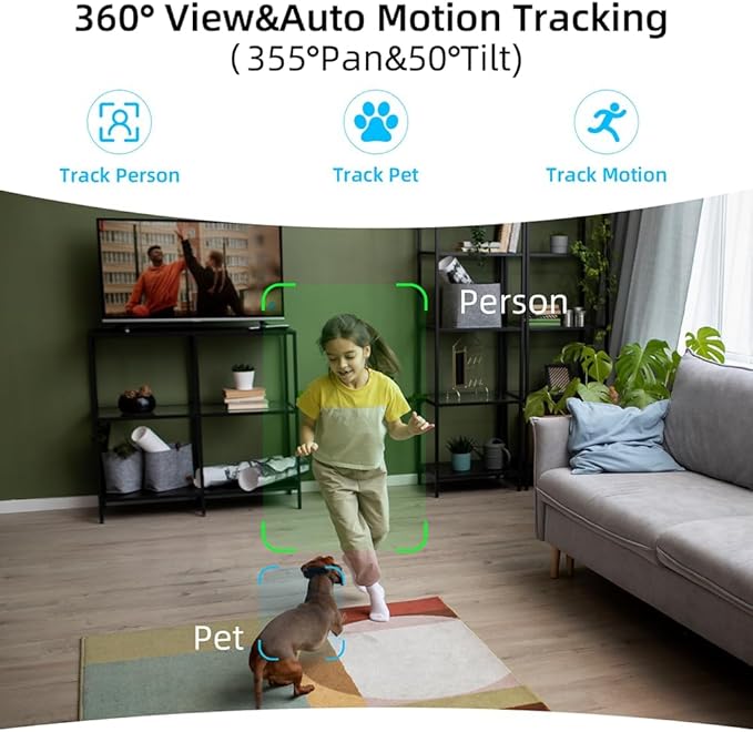 Rraycom 3Pack 4MP Indoor Baby & Pet Monitor Camera, 360° Auto Tracking, Cry & Sound Detection, Dual-Band 2.4G/5G WiFi, SD & Free Cloud Storage, Alexa & Google Home Compatible