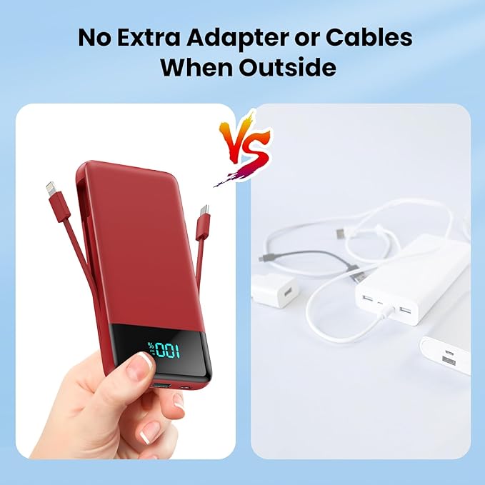 FOCHEW Portable Charger for iPhone with Built in Cables and Wall Plug,Upgraded 13800mAh Fast Charging USB C Power Bank,4 Outputs Travel Essential Battery Pack Compatible with iPhone 15/14/13/12,-Red