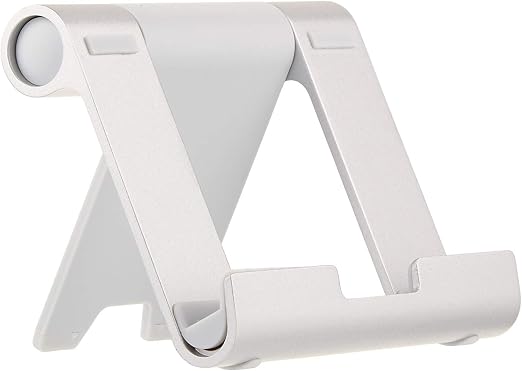 Amazon Basics Multi-Angle Portable Foldable Stand for Tablets, E-Readers and Phones, Non-Slip Desktop Holder for iPads, iPhones, Kindles, Hands-Free Viewing - Silver
