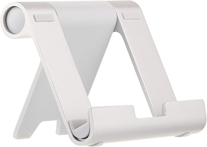 Amazon Basics Multi-Angle Portable Foldable Stand for Tablets, E-Readers and Phones, Non-Slip Desktop Holder for iPads, iPhones, Kindles, Hands-Free Viewing - Silver