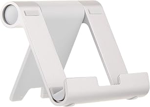 Amazon Basics Multi-Angle Portable Foldable Stand for Tablets, E-Readers and Phones, Non-Slip Desktop Holder for iPads, iPhones, Kindles, Hands-Free Viewing - Silver