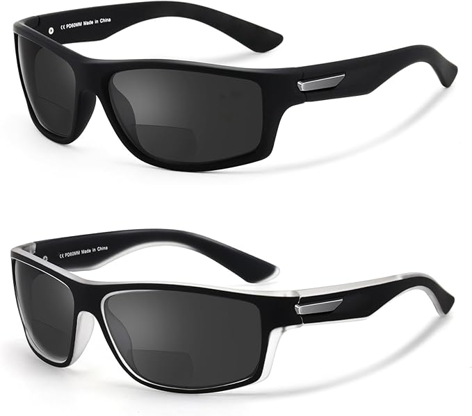 Missfive 2-Pack Mens Ultimate Bifocal Sunglasses with Readers Built In Sporty Upgraded Wrap Frame, UV400 Protection Driving & Reading Glasses for Outdoor +3.0
