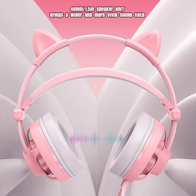 Cute Pink Cat Ears Gaming Headset for, 7.1 Surround Headband Wired Gaming Headset Bass Surround and Noise Cancelling with Mic for Laptop PC Smartphones (Pink)