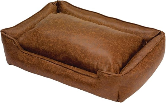 Jax & Bones Dog Bed Lounge - Machine Washable Bed for Dogs - Extra Heavy Duty Bolstered Sides - Vintage Faux Leather Dog Mat Beds | Large 39 x 32 Inches