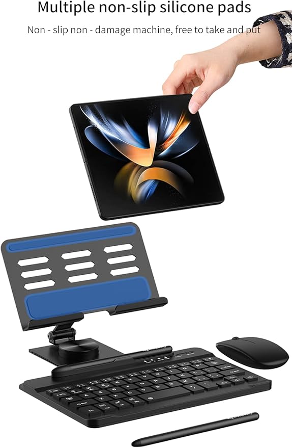 SHIEID Galaxy Z Fold 7 360° Rotating POS Tablet Stand, Zip Pull-Out, Integrated Folding Design Set with Folding Bracket, Keyboard, Mouse, Capacitor Pen?“Compatible with Galaxy Z Fold7//6/5/4/3, Silver