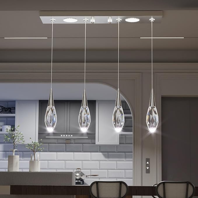 4-Lights Rectangular Pendant Lights for Kitchen Island Crystal Rectangular Chandelier for Dining Room Silver Linear Chandeliers for Living Room Hallway Bedroom