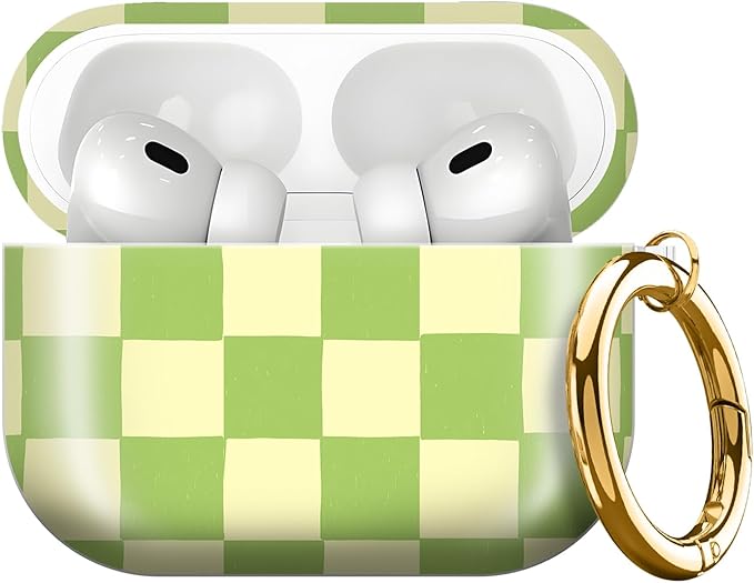 Compatible with AirPods Pro 3rd Generation 2025 Case Cover with Gold Keychain - Cute Protective Hard AirPod Pro 3 Cases for Women - Beige Green Checkered