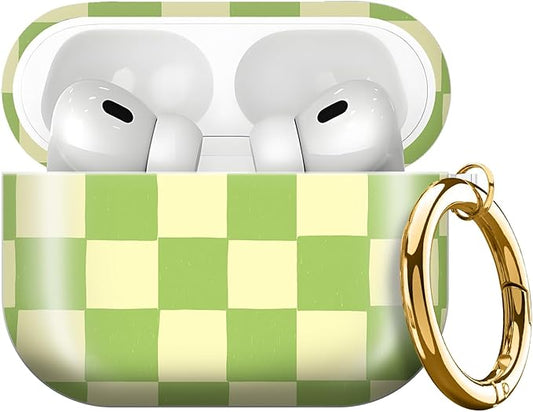 Compatible with AirPods Pro 3rd Generation 2025 Case Cover with Gold Keychain - Cute Protective Hard AirPod Pro 3 Cases for Women - Beige Green Checkered