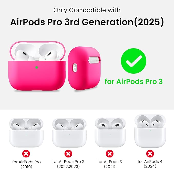 ORNARTO Compatible with AirPods Pro 3 Case 2025, Full Protective Hybrid Silicone for AirPods Pro 3rd Generation Case, Front LED Visible Skin Cover-Hot Pink