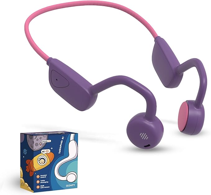 Kids Bluetooth Headphones, Air Conduction Open-Ear Headphones, Mic/Touch, 85dB Limit, Parental Control, Clear Audio, Lightweight, Rugged & Durable, IP54/20H, Earbuds for School/Travel -Purple
