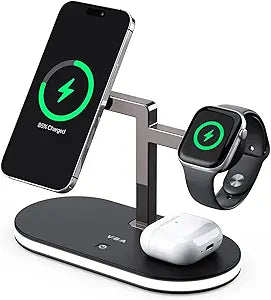 VBA 4 in 1 Wireless Charging Station for Apple MagSafe Charger,Fast Charging Magnetic Wireless Charger Stand with Night Light for iPhone 17 Air 16 15 14 13 12 Series,Apple Watch,AirPods Pro (Black)