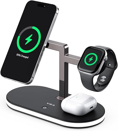 VBA 4 in 1 Wireless Charging Station for Apple MagSafe Charger,Fast Charging Magnetic Wireless Charger Stand with Night Light for iPhone 17 Air 16 15 14 13 12 Series,Apple Watch,AirPods Pro (Black)