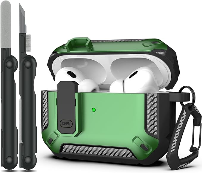 RFUNGUANGO for AirPods Pro 2nd Generation Case Cover with Cleaner Kit, Military Hard Shell Protective Armor with Lock for AirPod Gen 2 Charging Case2023, 2022, Front LED Visible,Green