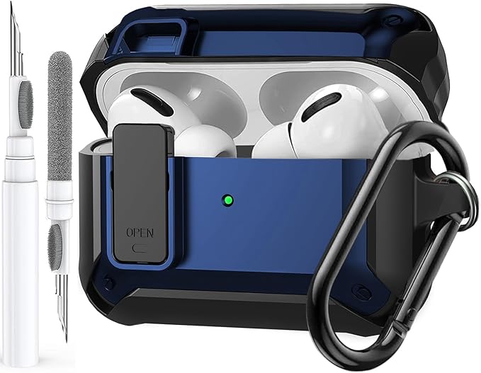 for Airpods Pro 3 Case with Lock Clip, Rugged Apple Airpods Pro 3rd Generation Cover 2025 Men Women, Armor Shockproof iPod Pro3 Gen Protective Hard Shell with Carabiner&Cleaner kit, Black/Blue